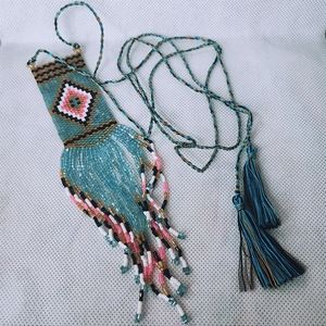 Light Blue Pink Black White Seed Bead Vintage Corded Slide  Necklace Loom Work